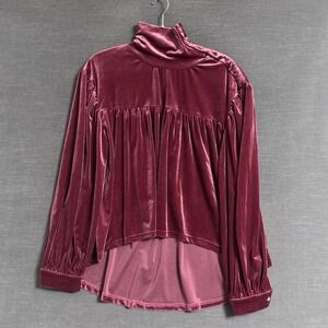 POL Top M Oversized Burgundy Velvet Mock Neck Button Boho Fall High Low